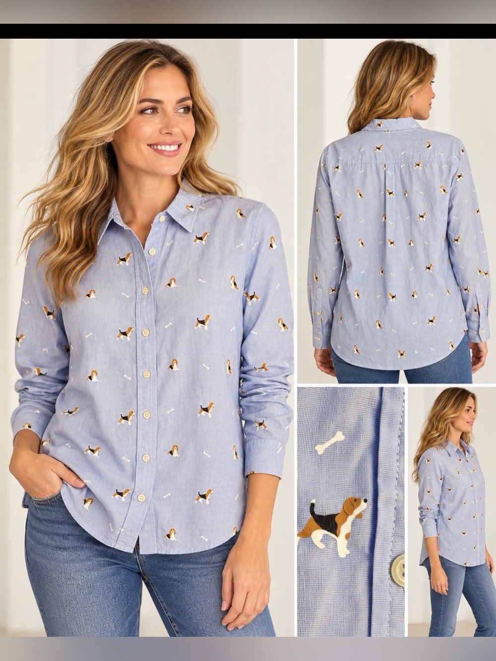 Talbots Women’s M Blue Beagle Dog Print 100% Cotton Button Down Shirt